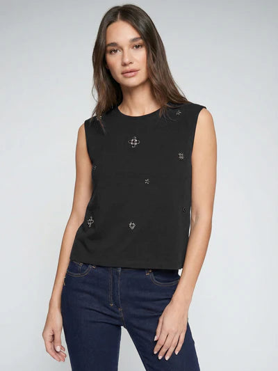 Black Sleeveless Top Embroidered with Rhinestones