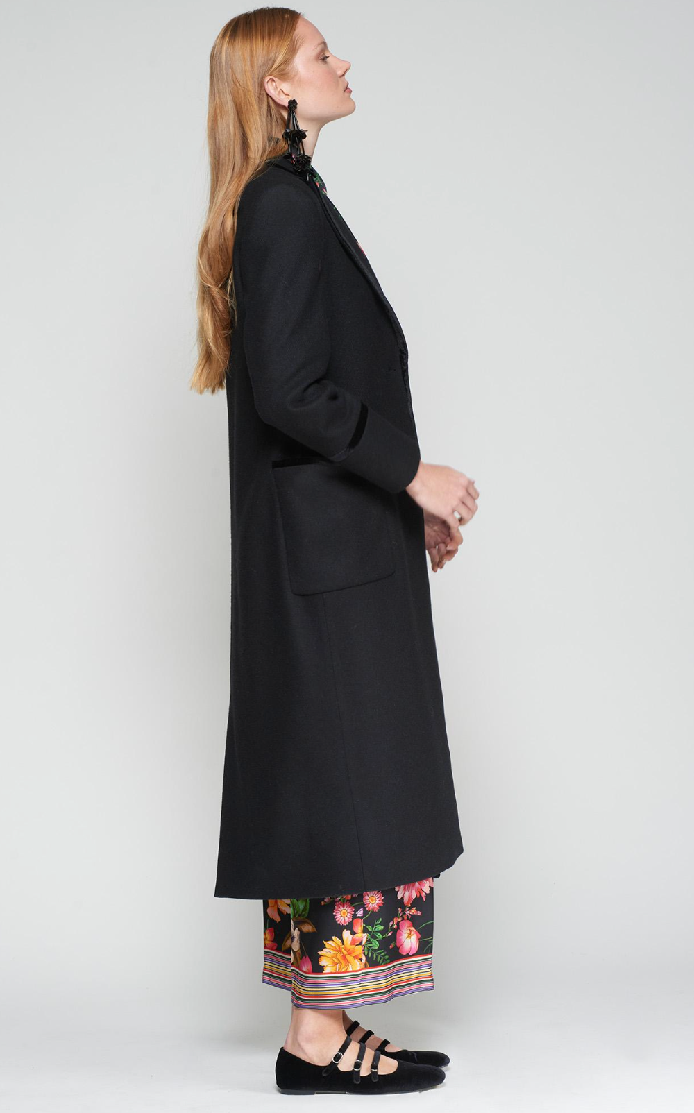 Long Wool Black Coat with Velvet Trim