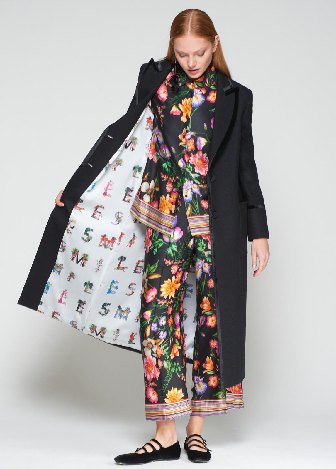 Long Wool Black Coat with Velvet Trim
