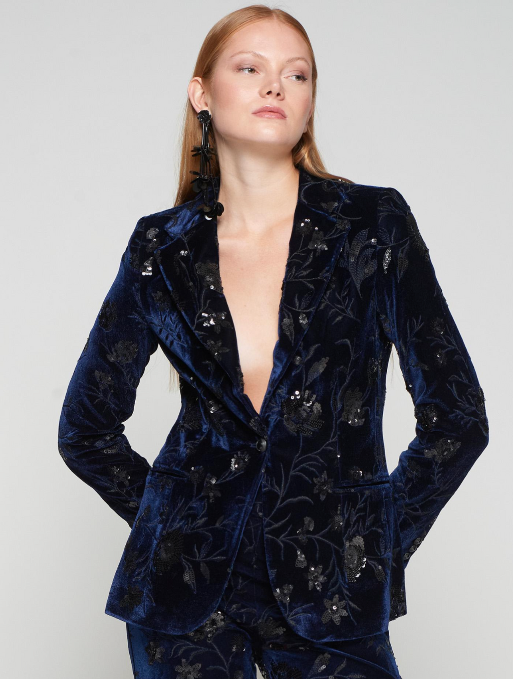 Navy Velvet Blazer with Black Floral Sequins