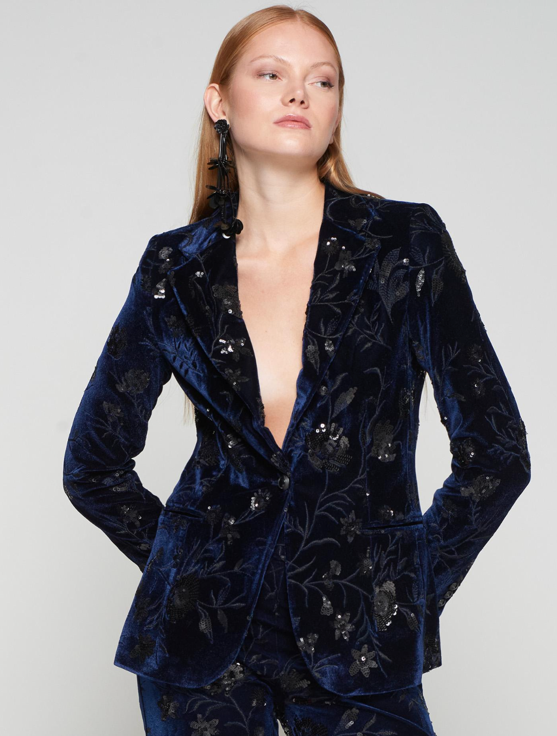 Navy Velvet Blazer with Black Floral Sequins