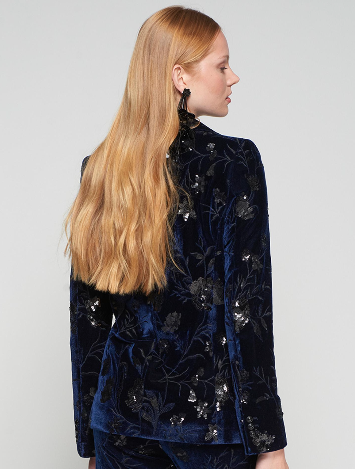 Navy Velvet Blazer with Black Floral Sequins
