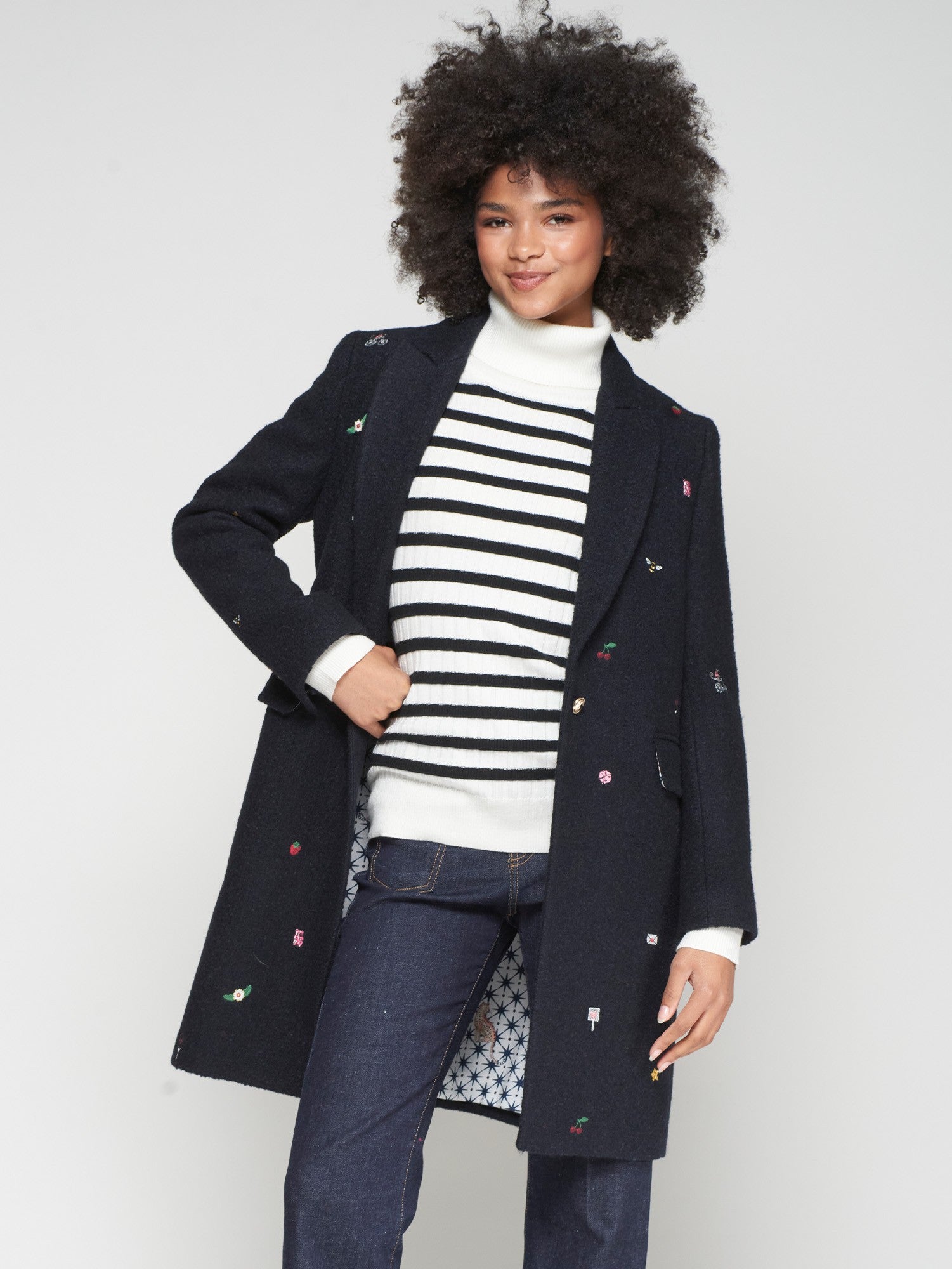 NAVY WOOL COAT MINI EMBROIDERY