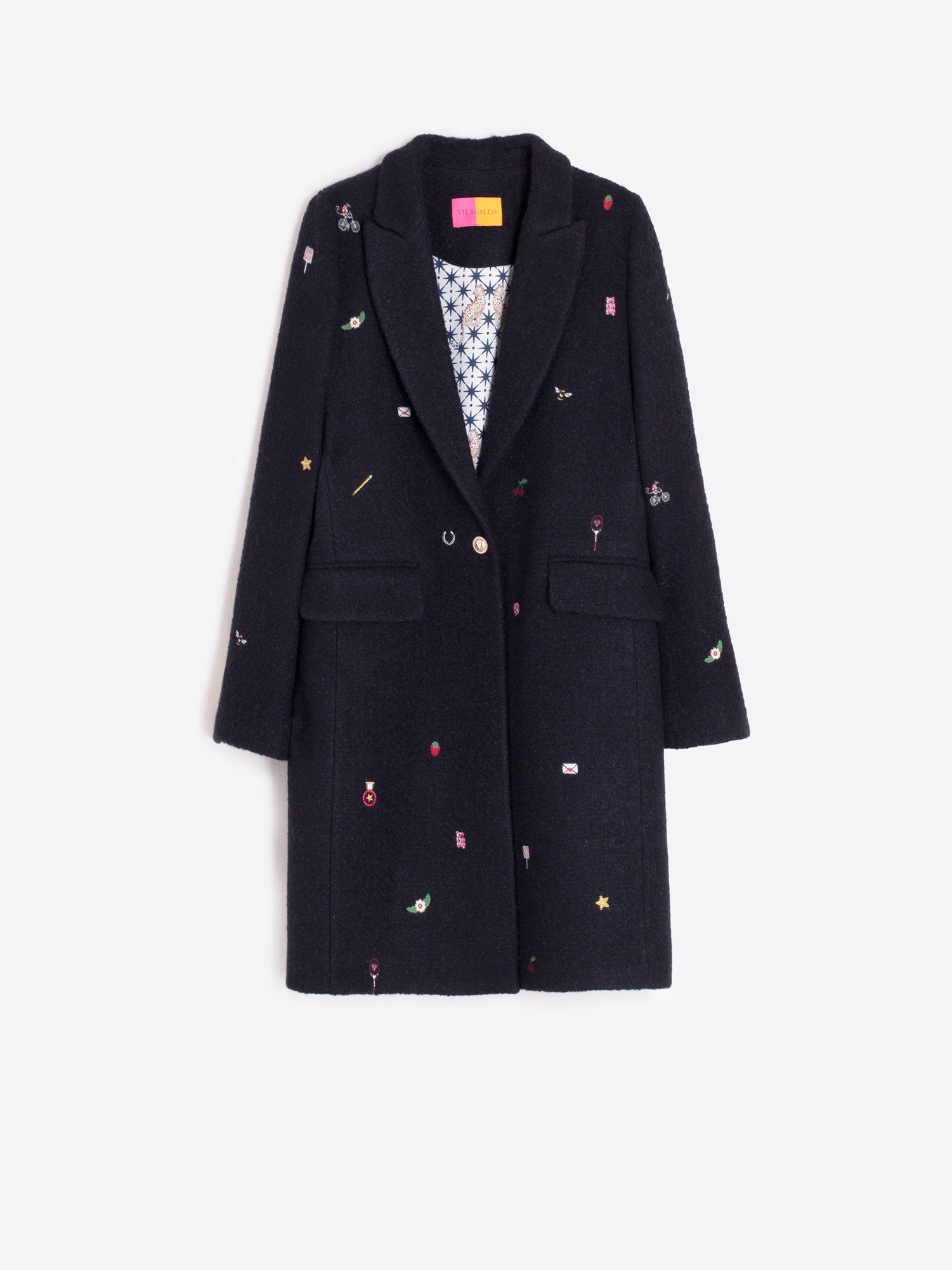 NAVY WOOL COAT MINI EMBROIDERY