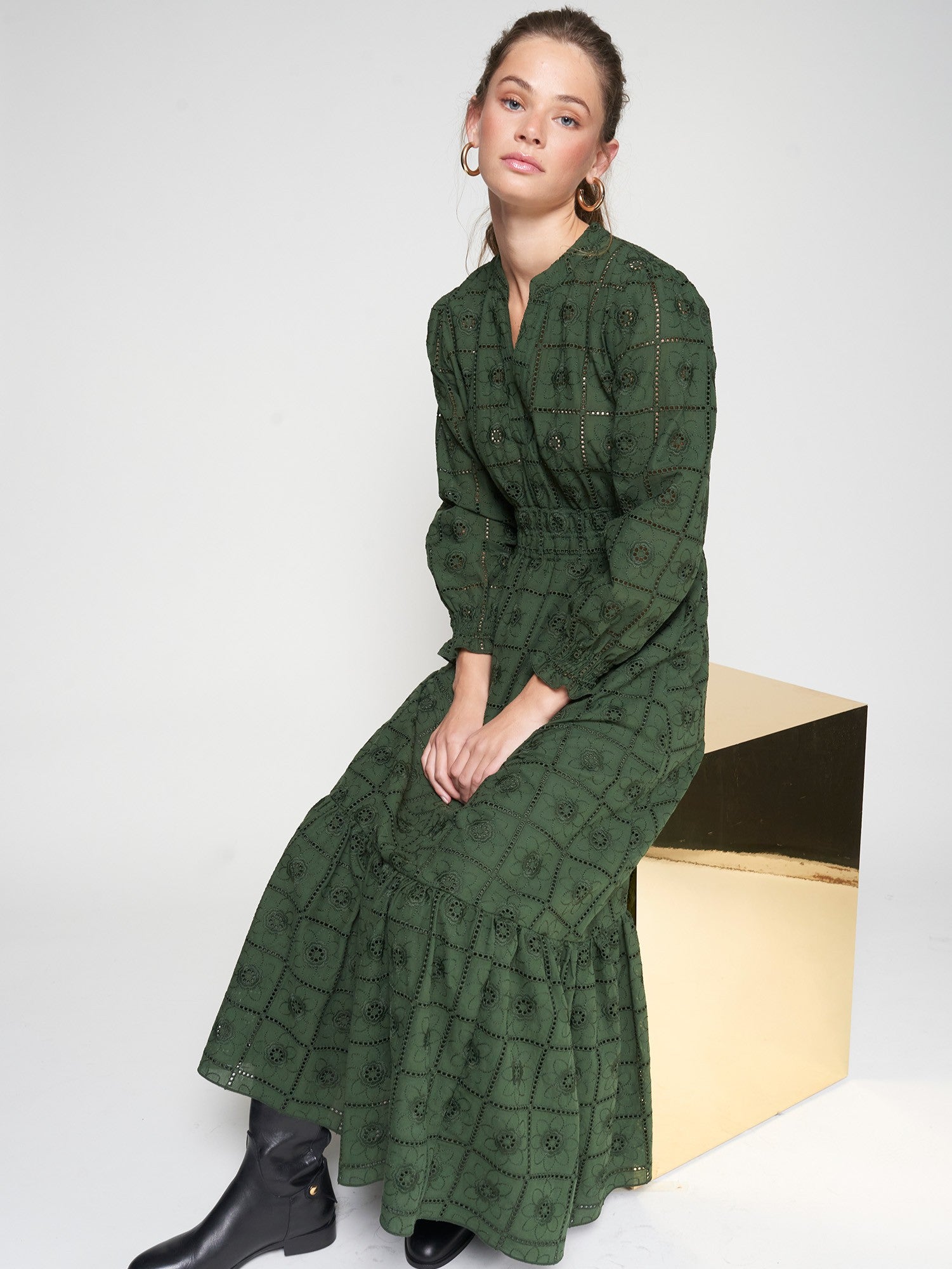 Green Dress with Floral Embroidery