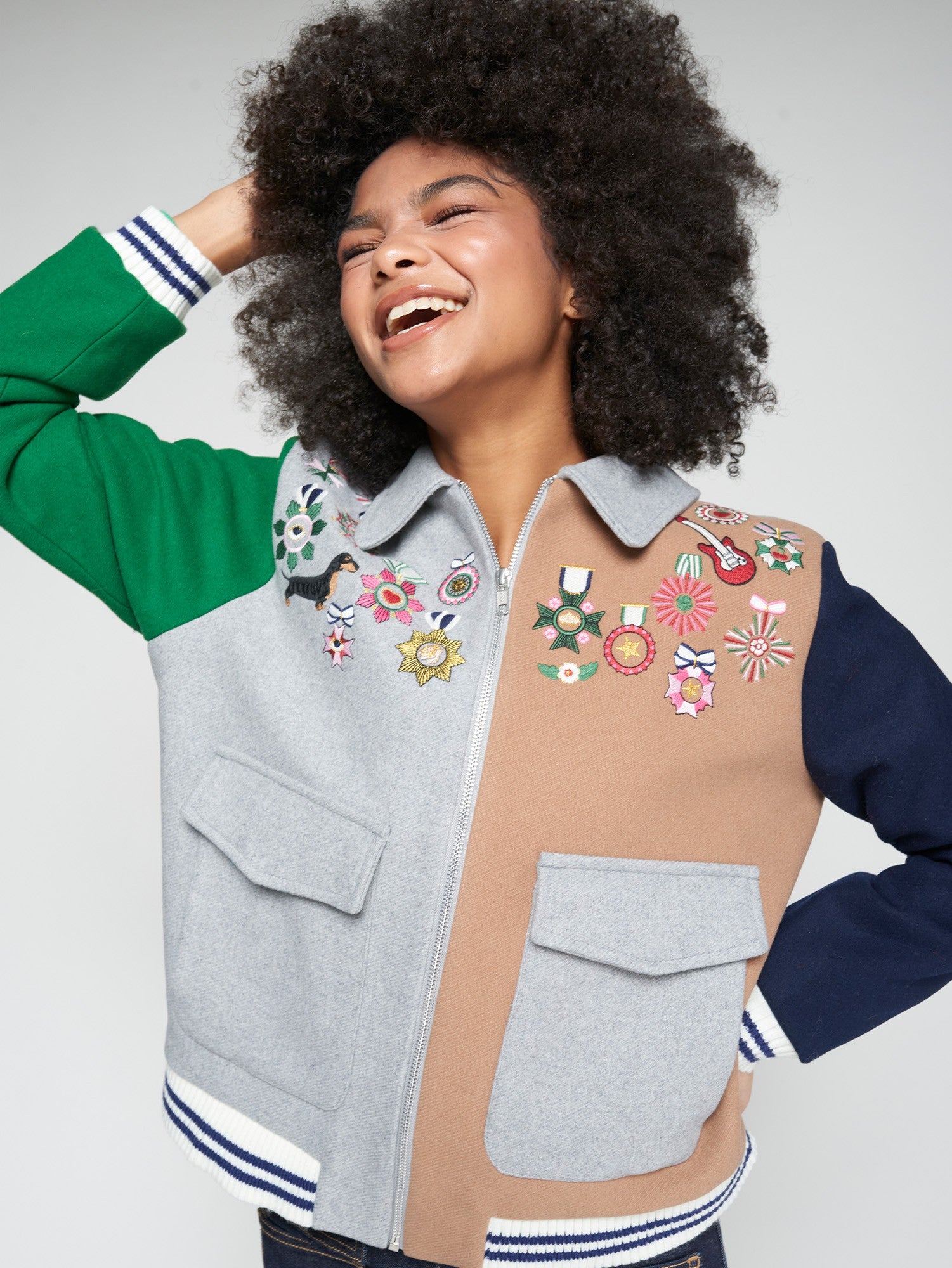 BOMBER JACKET GREY WOOL CONDECORATIONS EMBROIDERY