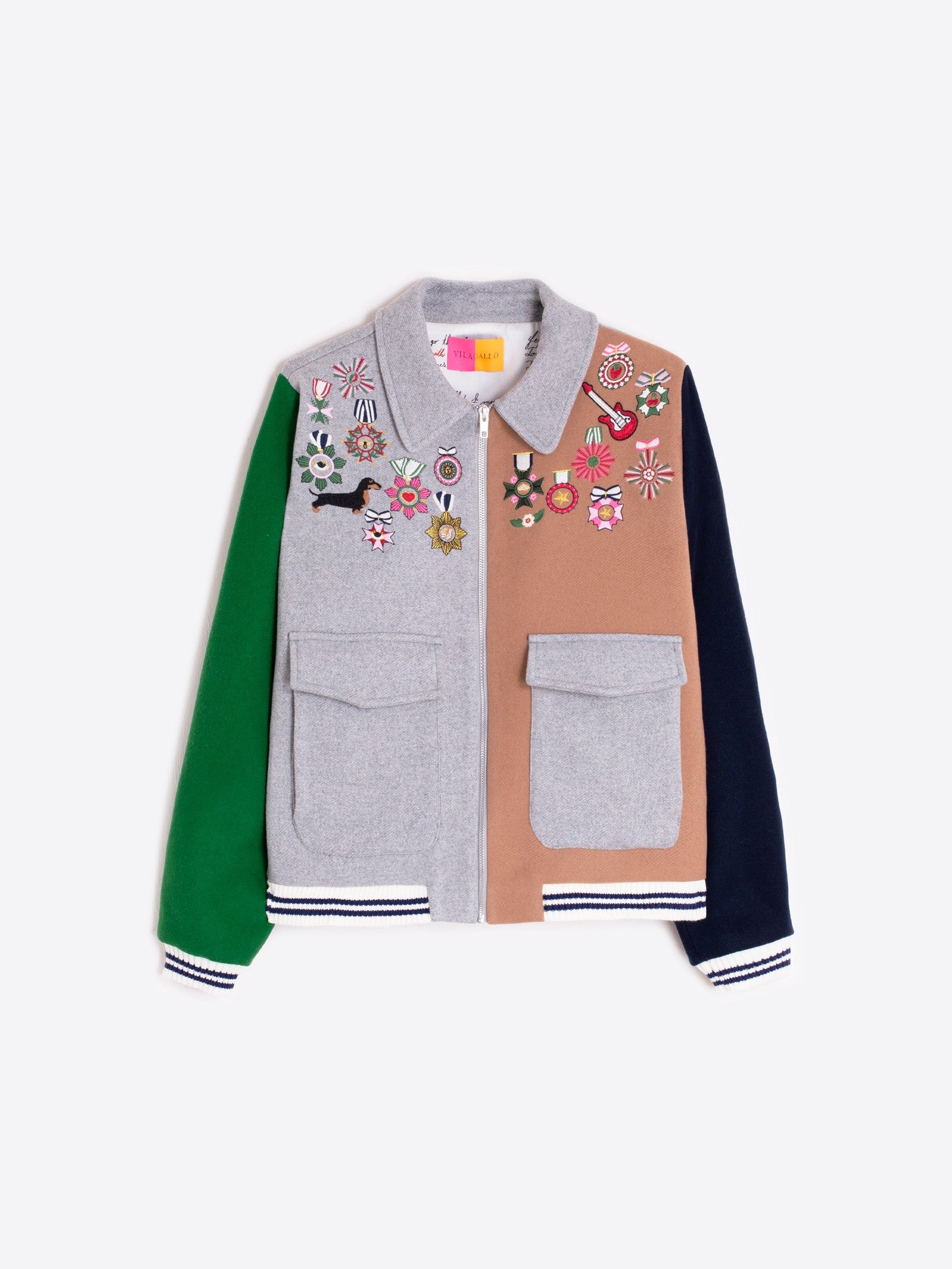 BOMBER JACKET GREY WOOL CONDECORATIONS EMBROIDERY