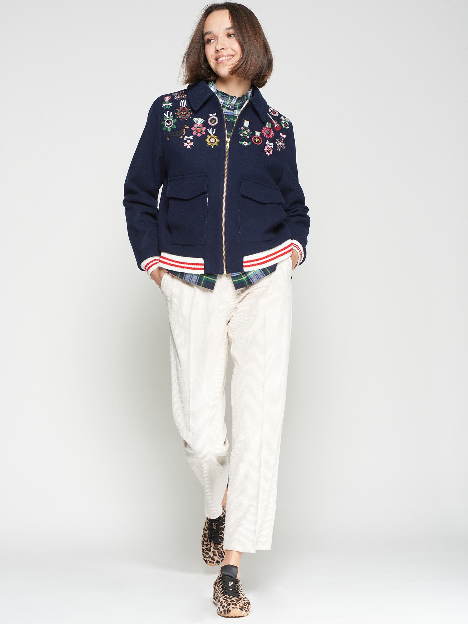 NAVY WOOL BOMBER JACKET WITH EMBROIDERED MEDALS