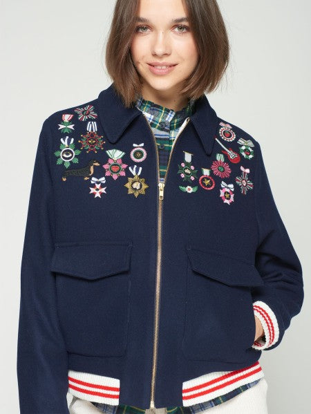 NAVY WOOL BOMBER JACKET WITH EMBROIDERED MEDALS