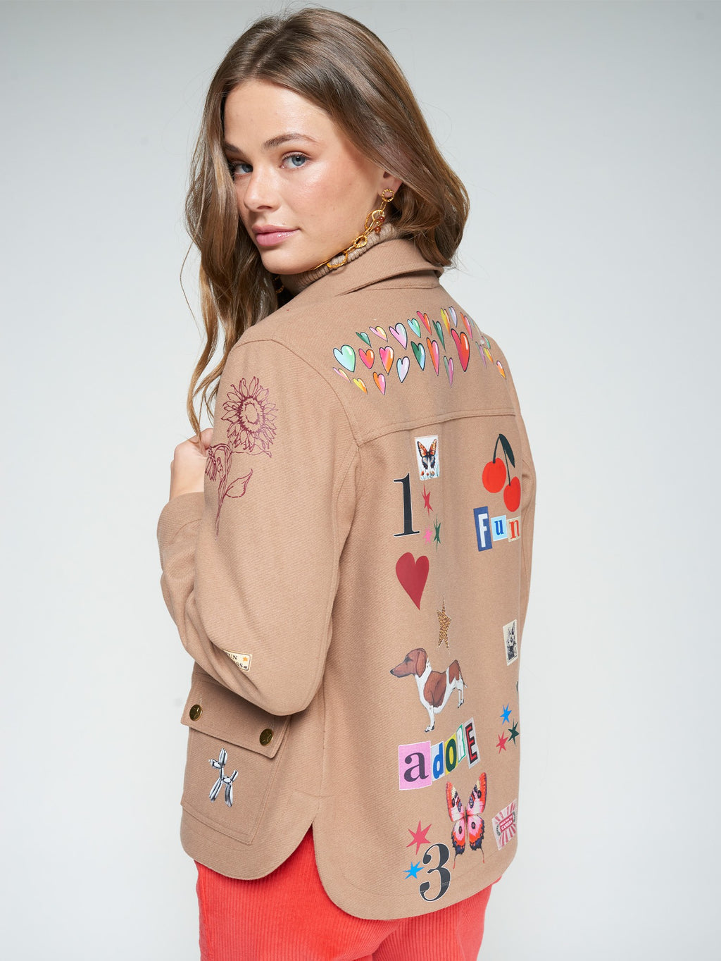 CAMEL WOOL-BLEND JACKET WITH SCREEN-PRINTS