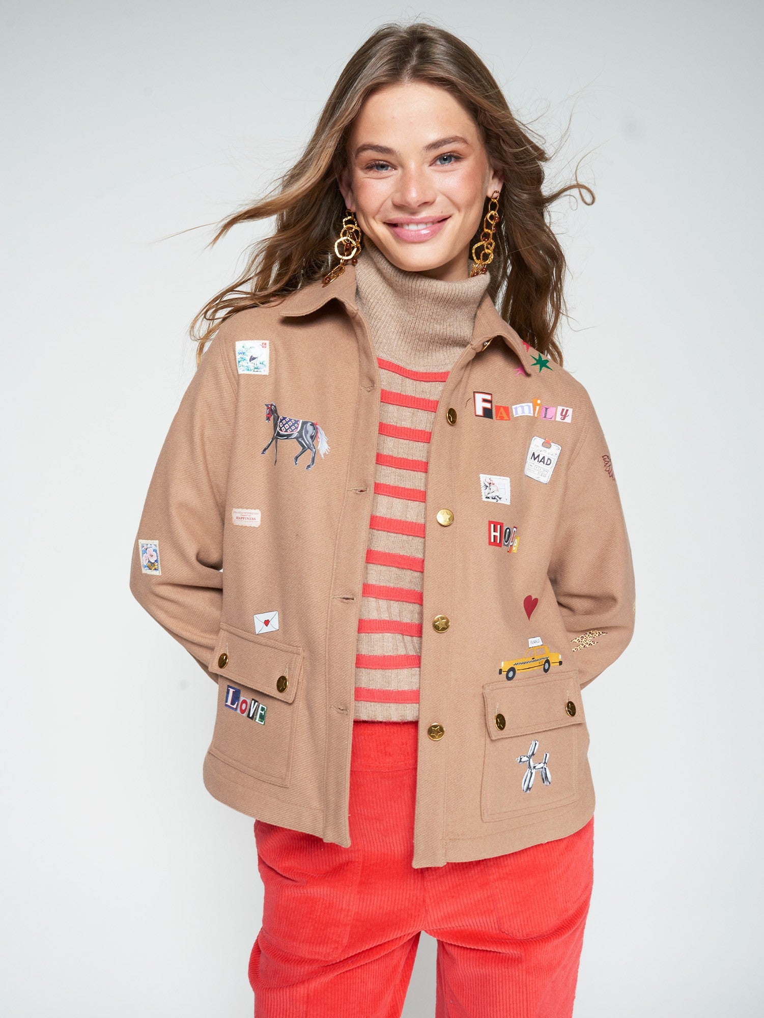 CAMEL WOOL-BLEND JACKET WITH SCREEN-PRINTS