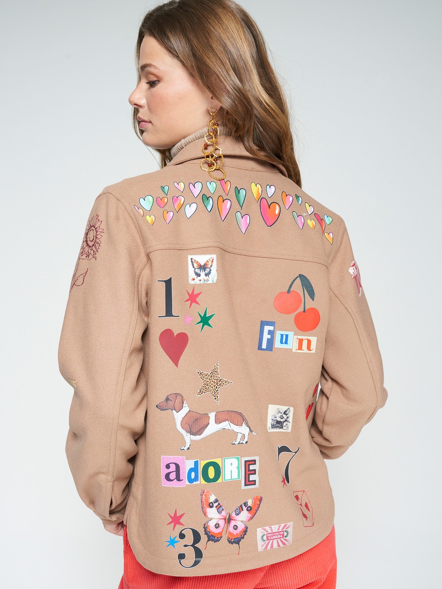 CAMEL WOOL-BLEND JACKET WITH SCREEN-PRINTS
