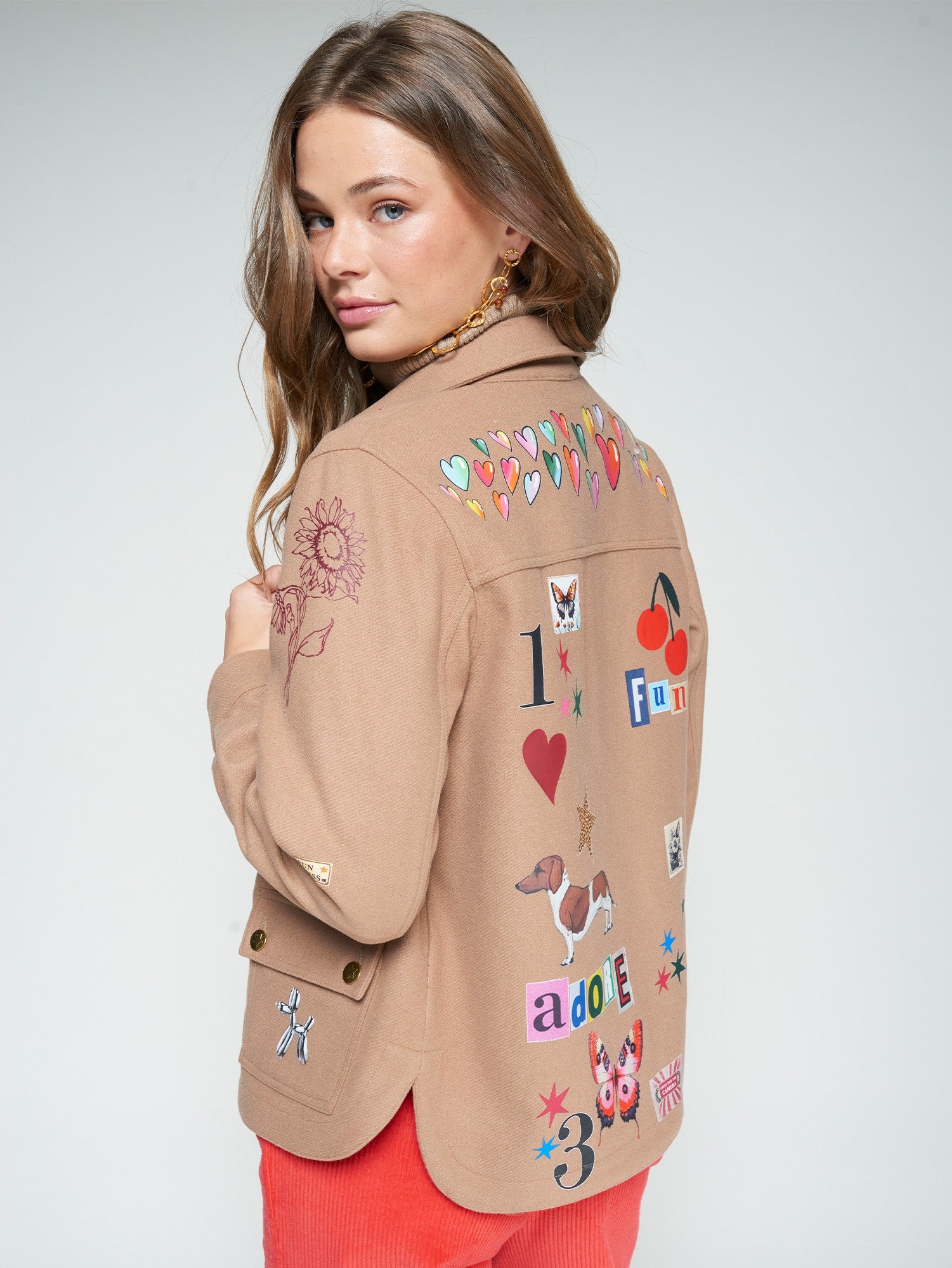 CAMEL WOOL-BLEND JACKET WITH SCREEN-PRINTS