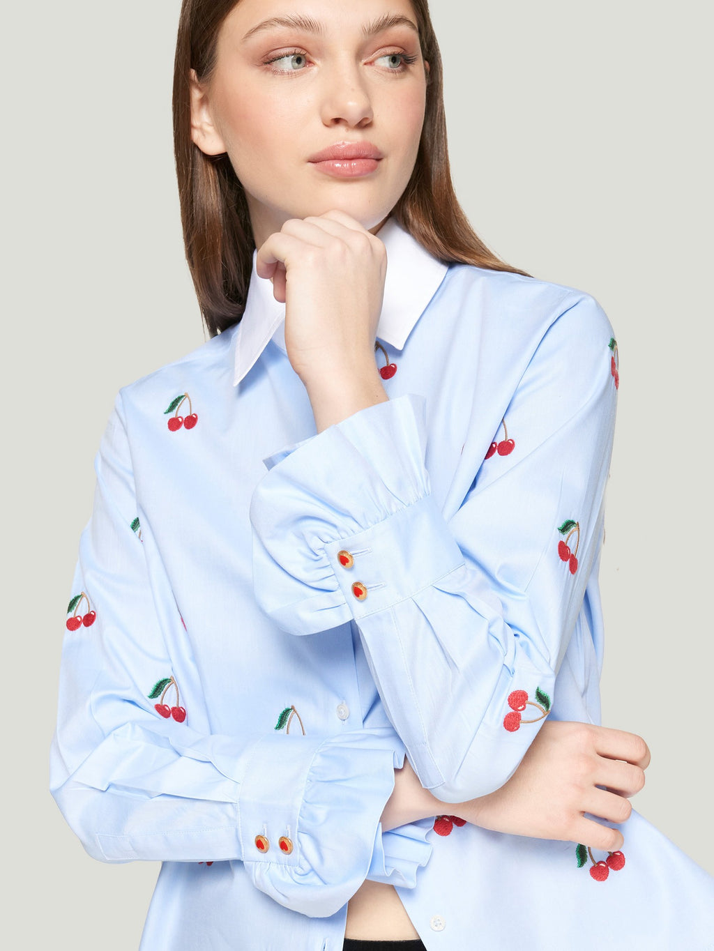 SKY BLUE SHIRT CHERRY EMBROIDERY