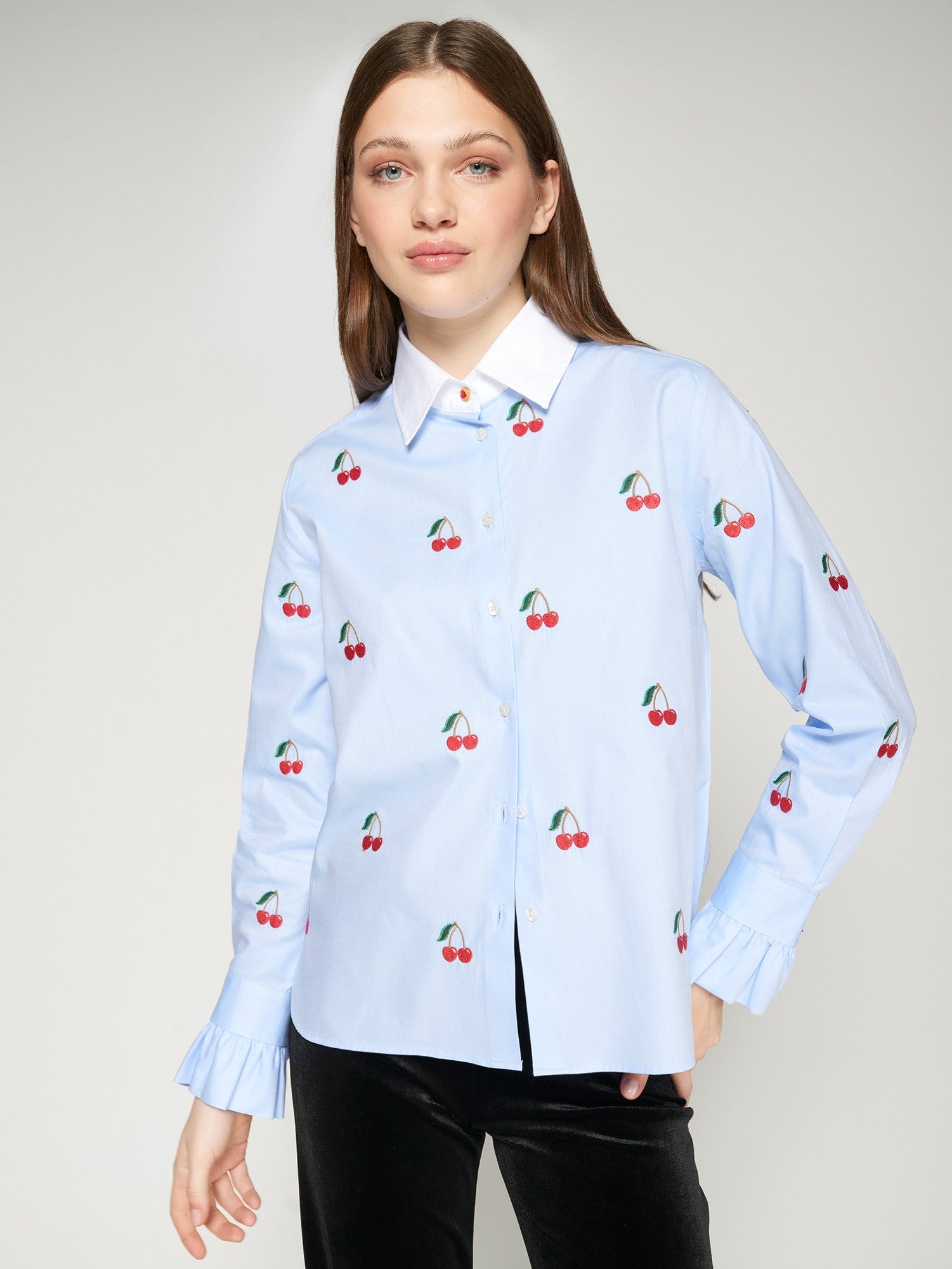 SKY BLUE SHIRT CHERRY EMBROIDERY