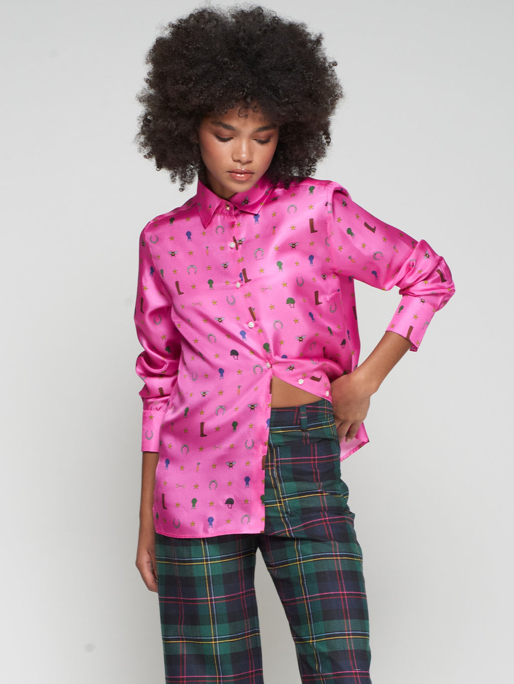 Equestrian Print Pink Silk Shirt