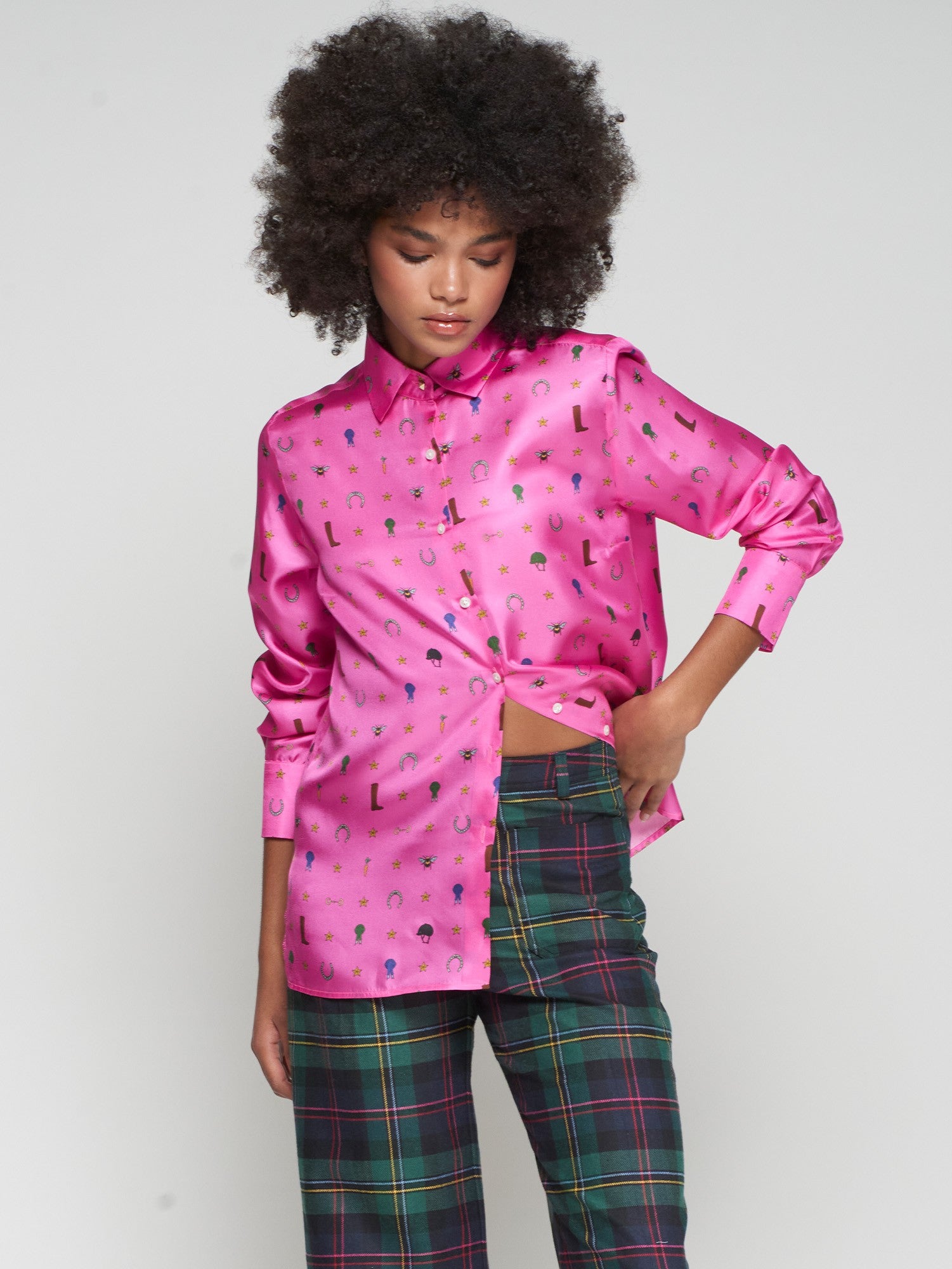 Equestrian Print Pink Silk Shirt