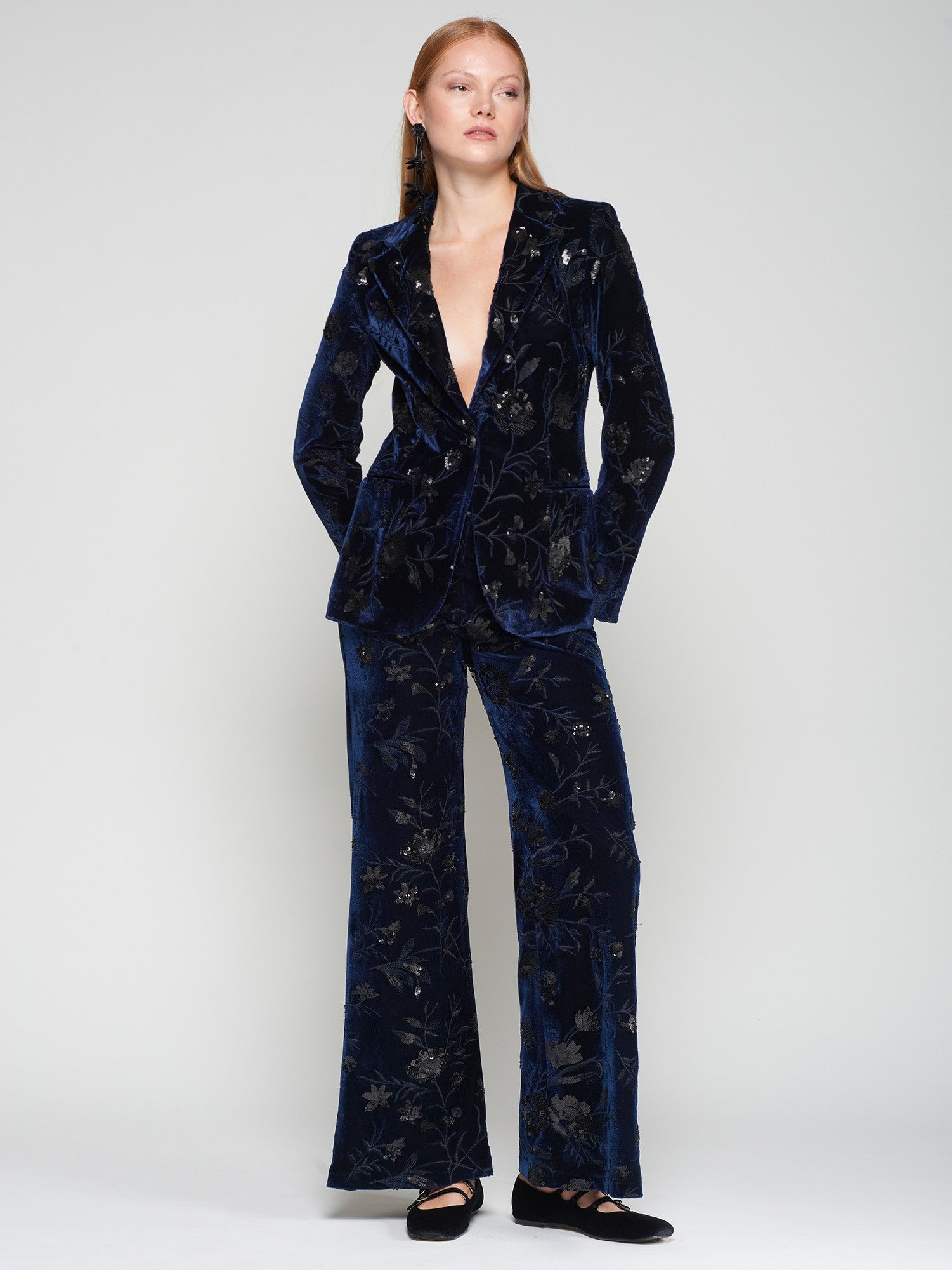 Navy Velvet Trouser with Black Floral Sequins