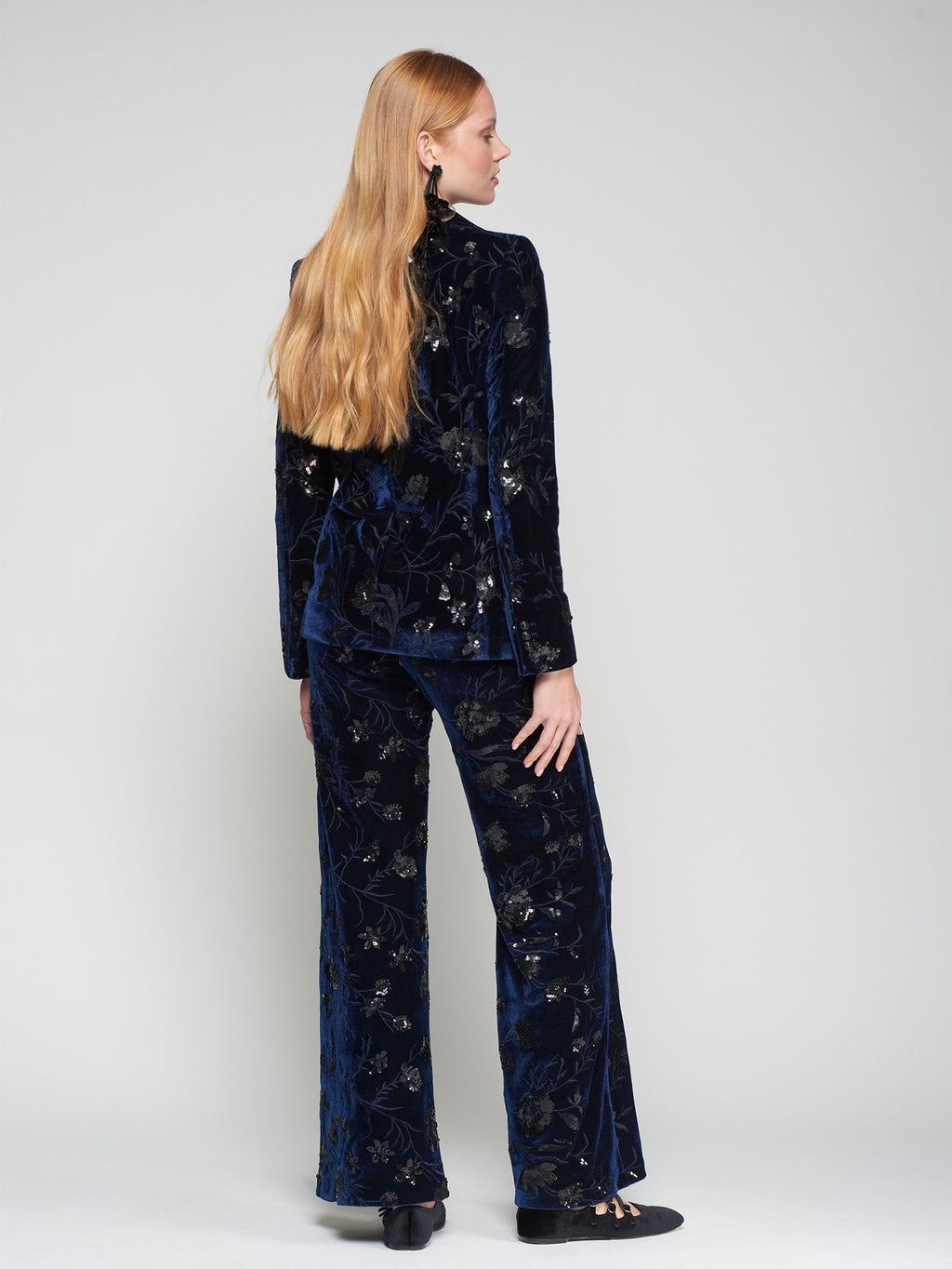 Navy Velvet Trouser with Black Floral Sequins