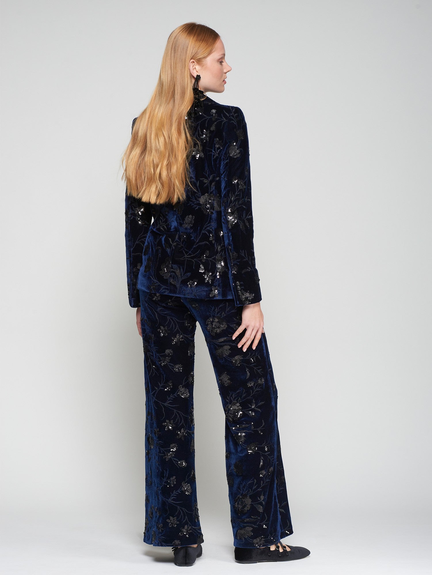 Navy Velvet Trouser with Black Floral Sequins