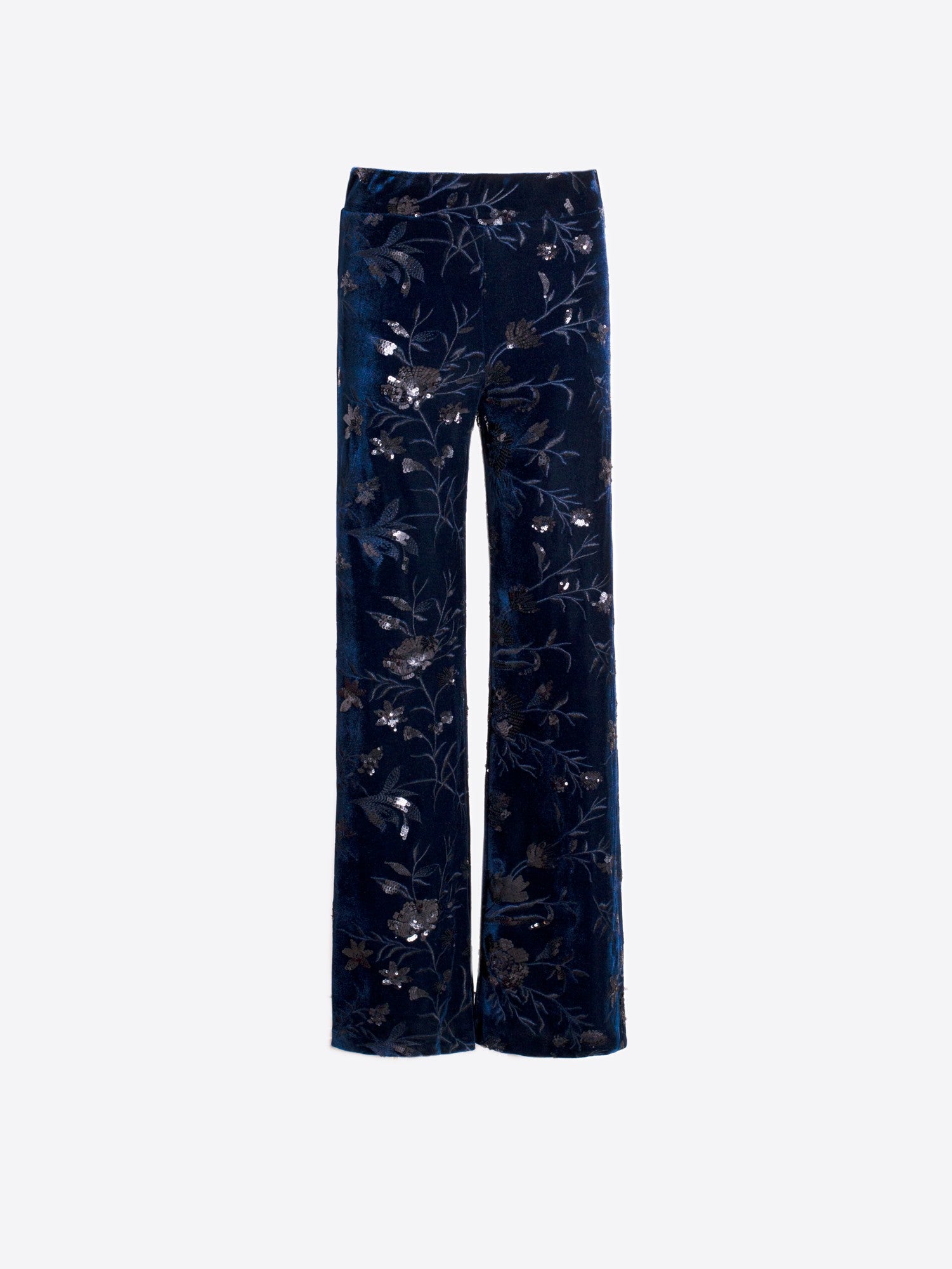 Navy Velvet Trouser with Black Floral Sequins